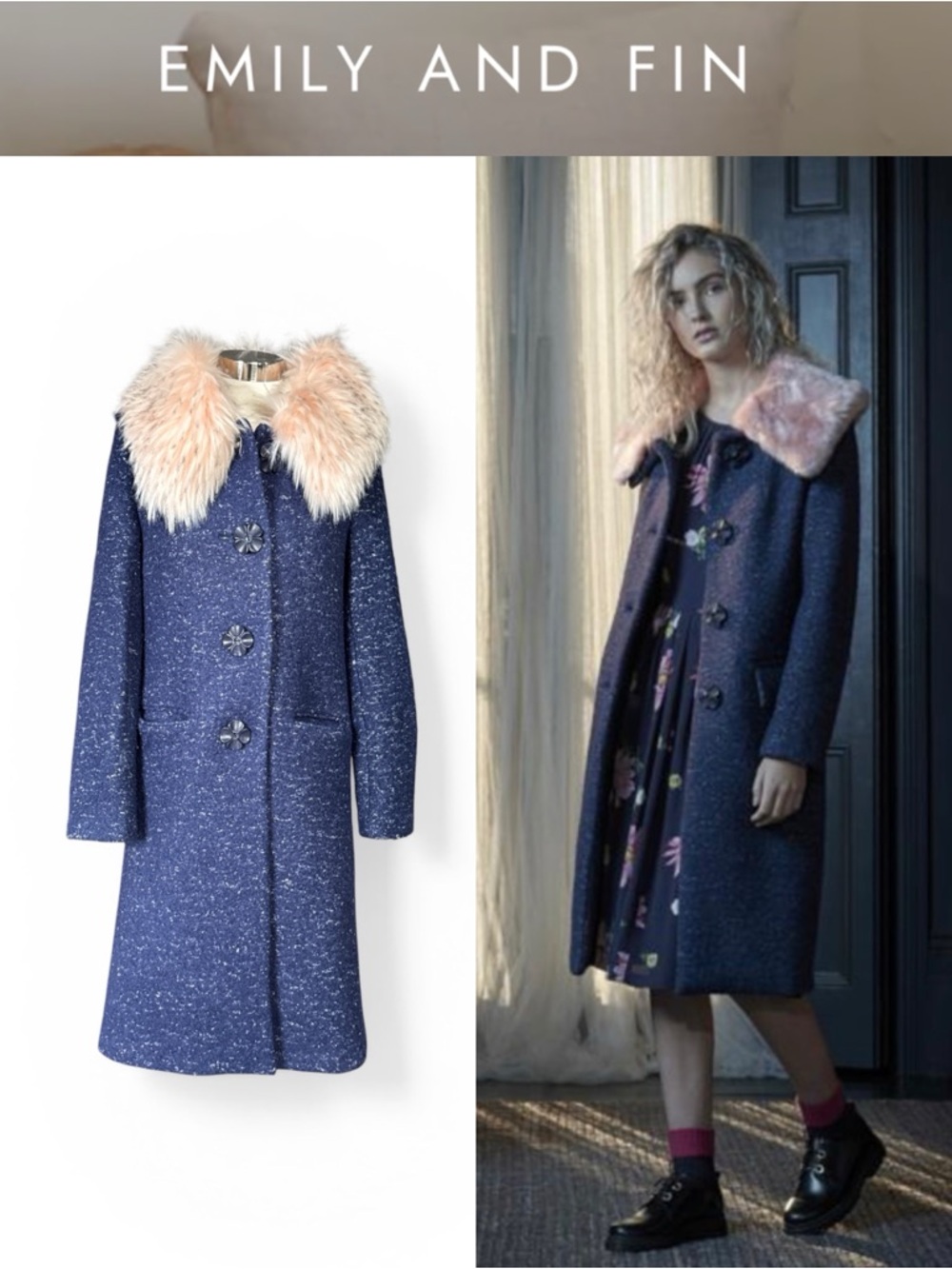 EMILY AND FIN VIVIAN BOUCLE COAT NAVY PINK FAUX FUR REMOVABLE COLLAR WOOL
BLEND